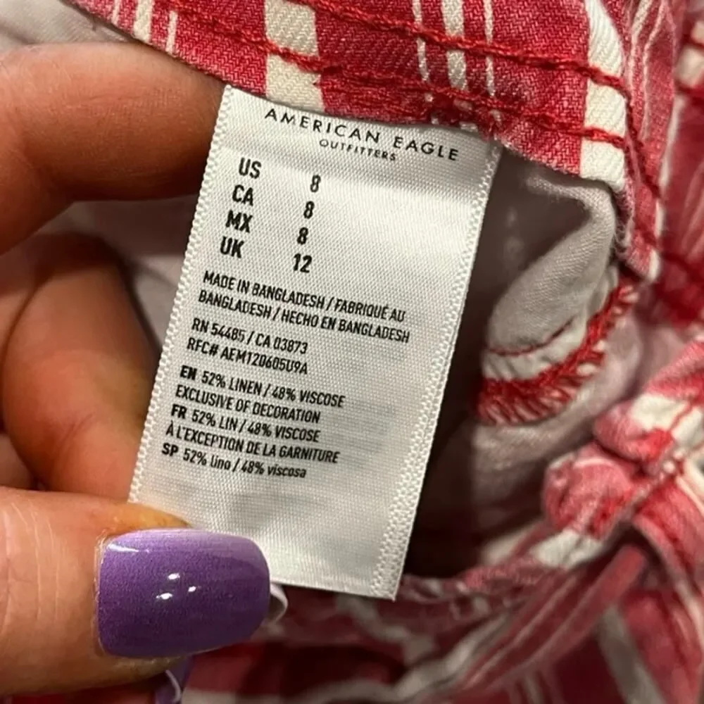 American Eagle Hi-Rise Linen Paperbag Shorts Striped Belted Red White Size 8